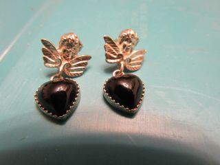 Vintage Sterling Silver Art Nouveau Angel Heart Onyx Pierced Post Earrings