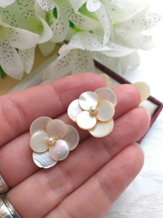 Vintage Old Jewellery - Clip On Mother Of Pearl & Faux Seed Pearl Earrings.  C1950