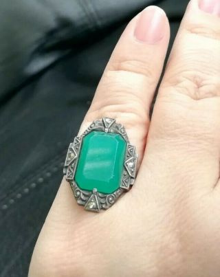 Vintage Art Deco Style Silver Ring With Large Artificial Emerald