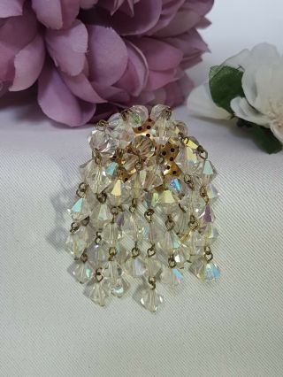 Large Vintage 1960s Aurora Borealis Crystal Beads Waterfall Brooch