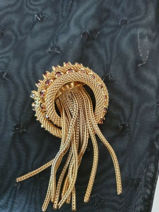 Vintage Brooch Gold Metal Chain Fringe Drop Gold Crystals Rope Design Knot Pin