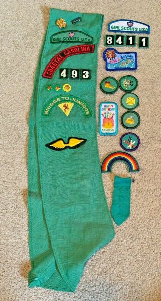 Vintage Junior Girl Scout Sash,  Pins And Merit Badge Patches.  Coastal Carolina