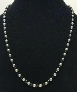 Vtg Silver Metal & Black Bead On Rope Style Chain Necklace W/ Magnetic Clasp 24”