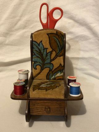 Vintage Wooden Rocking Chair Pin Cushion W/pull Out Drawer & Scissor Caddy