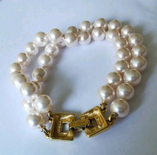 MONET VINTAGE HAND KNOTTED PEARL BRACELET GOLD TONE CLASP 2 STRAND 7.  5 3