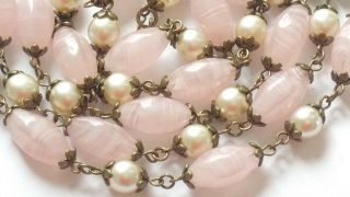 Czech Very Long Pinkish Swirled Oval Glass Bead Necklace Vintage Deco Style 2