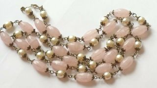 Czech Very Long Pinkish Swirled Oval Glass Bead Necklace Vintage Deco Style 3