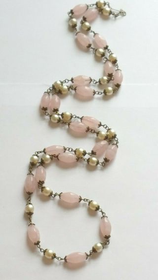Czech Very Long Pinkish Swirled Oval Glass Bead Necklace Vintage Deco Style 4