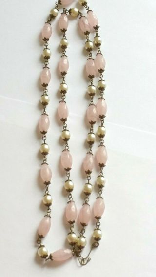 Czech Very Long Pinkish Swirled Oval Glass Bead Necklace Vintage Deco Style 5