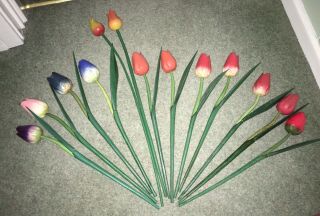 12 Vintage Wooden Long Stemmed Tulips With Wooden Leaves And Silk Freesia