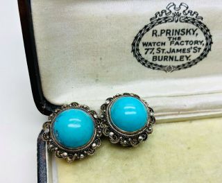 Vintage Jewellery Sterling Silver Turquoise/marcasite Clip On Earrings