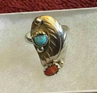 Vintage Sterling Silver With Turquoise And Coral Navajo Ring