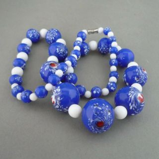Vintage Italian Murano Glass Bead Necklace End Of Day/venetian Blue/red/white