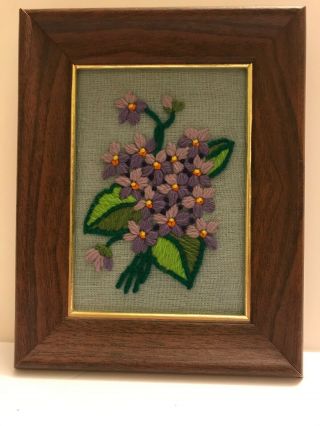 Vtg Hand Embroidered Purple Flower Power Crewel Picture Finished Framed 70s