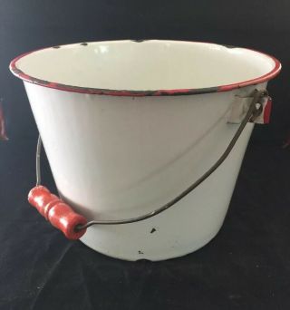 Vintage Enamel Ware Bucket White & Red Rim Wire Wood Handle