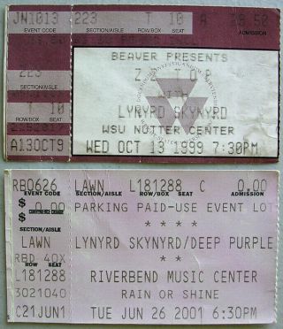 Vintage Lynrd Skynyrd,  Deep Purple & Zz Top Concert Ticket Stub 1999 & 2001