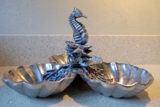 VINTAGE SEAHORSE SILVERTONE HORS D ' OEUVRES TRIO CLAM SHELLS SHAPE DISH R 5