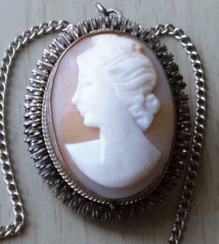 Vintage Silver Classical Lady Shell Cameo Pendant/brooch & Sterling Chain