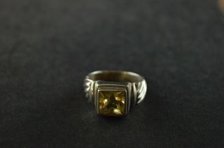 Vintage Sterling Silver Etched Yellow Square Stone Ring - 7g