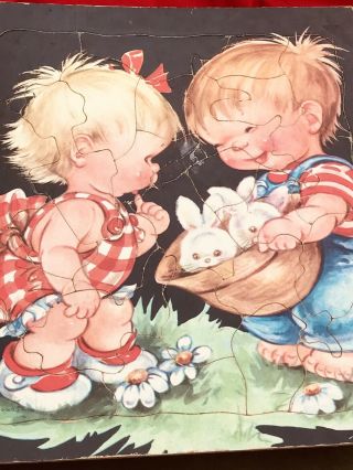 Vintage Puzzle Blonde Girl & Boy With Bunnies 1950’s Frances Wosmek