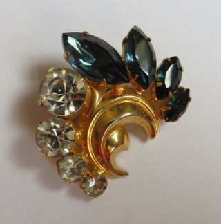 Vintage 1950s Gold Tone Clear And Petrol Blue Rhinestones Brooch