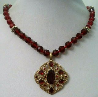 Stunning Vintage Estate Red Glass Rhinestone Gold Tone 21 3/4 " Necklace G772z