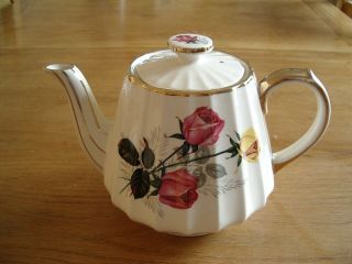Vintage Sadler Teapot –ribbed Body With Pink & Yellow Roses Pattern & Gilding.
