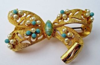 Vintage Large Turquoise Glass & Faux Pearl Pierced Golden Bow Brooch 2 1/4 Inch 2