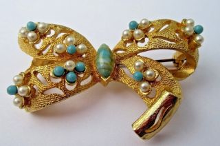 Vintage Large Turquoise Glass & Faux Pearl Pierced Golden Bow Brooch 2 1/4 Inch 3