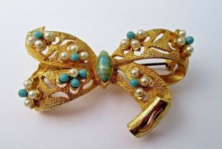 Vintage Large Turquoise Glass & Faux Pearl Pierced Golden Bow Brooch 2 1/4 Inch 4