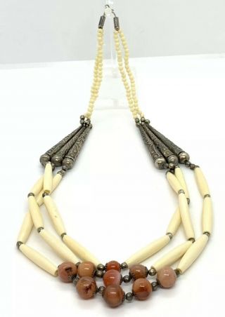 Vintage Tribal 26” Necklace Big Carnelian Beads,  Bovine Bone,  And Silver - Like