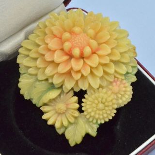 Early Vintage Brooch Japan 1940s Cream Celluloid Chrysanthemum Flowers Jewellery