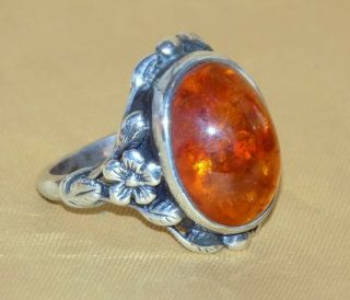 Vintage Hm Sterling Silver Retro Flowers Large Oval Baltic Amber Cabochon Ring