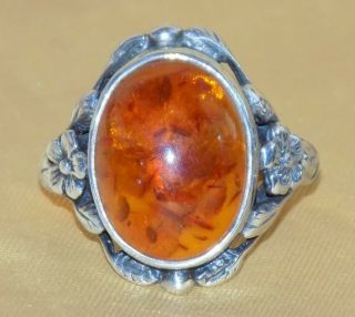 Vintage HM Sterling Silver Retro Flowers Large Oval Baltic Amber Cabochon Ring 2