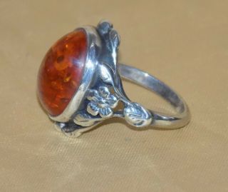 Vintage HM Sterling Silver Retro Flowers Large Oval Baltic Amber Cabochon Ring 3