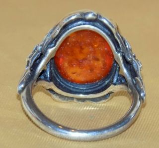 Vintage HM Sterling Silver Retro Flowers Large Oval Baltic Amber Cabochon Ring 4