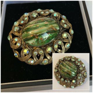 Vintage Jewellery Gold Tone Czech Aurora Borealis Crystal Statement Brooch Pin