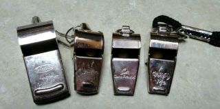 4 Vintage Metal Whistles - Camp Fire - Boy Scout - Gloria Japan - Coghlans