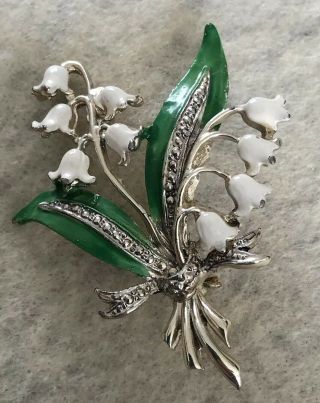 Vintage Exquisite Silver Tone Metal White Green Lily Of The Valley Flower Brooch