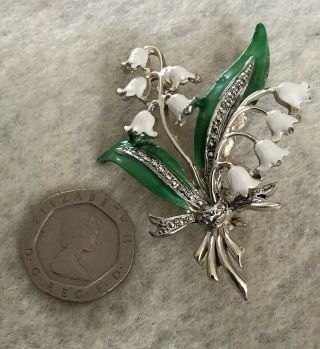 Vintage Exquisite Silver Tone Metal White Green Lily of the Valley Flower Brooch 2