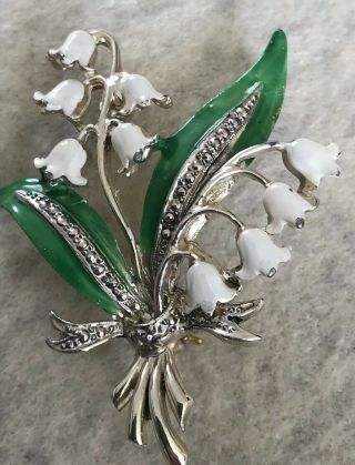 Vintage Exquisite Silver Tone Metal White Green Lily of the Valley Flower Brooch 3