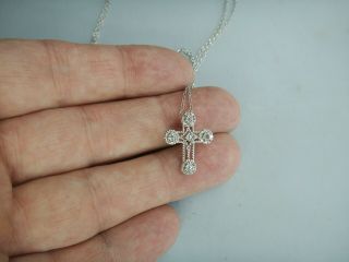 Old Vintage Sterling Silver Victorian Style Stone Set Cross and Chain Pendant 2