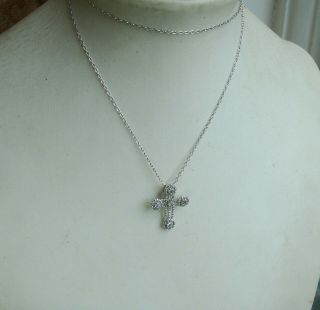 Old Vintage Sterling Silver Victorian Style Stone Set Cross and Chain Pendant 3