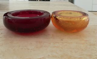 Whitefriars X 2 Vintage Controlled Bubble Glass Bowl Dishes 1 Ruby Red & 1 Amber