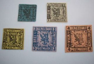 Bergedorf 5 X Values Imperf No Gum Vintage German States.  Reprint ?