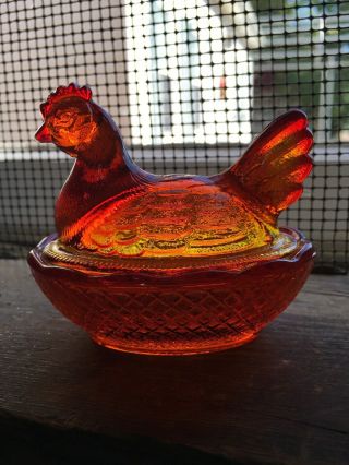 Vtg Le Smith Mini Amberina Glass Hen On Nest Basket Salt Red Yellow Slag Glass