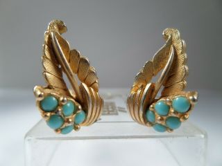 Small Gold - Tone & Faux Turquoise,  Leaf & Curl,  Vintage Clip - On Earrings - 60 