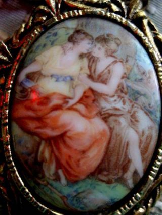 Vintage Fragonard Style Porcelain Cameo Pin Pendant Necklace 2 Women & Cherub