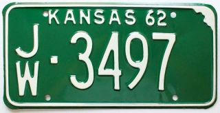 Vintage Nos Kansas 1962 License Plate,  Jewel County,  Green Beauty,  3497