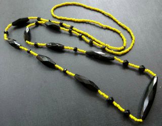 Vintage Art Deco French Jet Black Yellow Glass Bead Long Flapper Necklace - K147